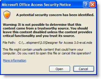 Microsoft Access Potential Security Concern Warning