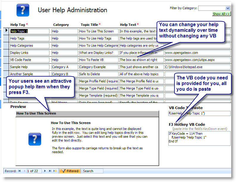 Microsoft Access user help feature